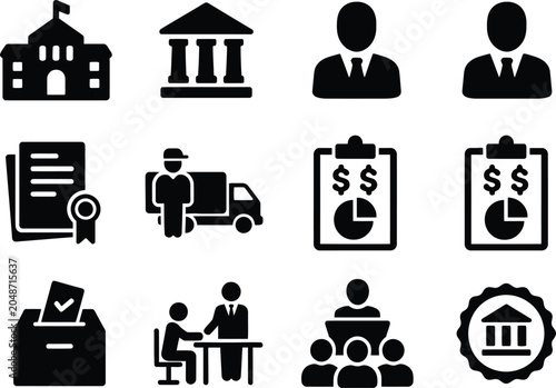 Set of government and business icons with people and money symbols Vector