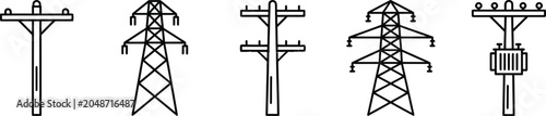 Set of power transmission line towers and electric poles icons for electricity grid Vector