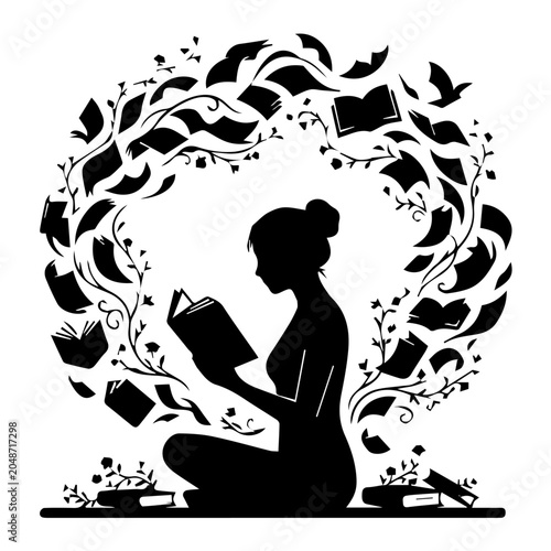 Reading Girl Surrounded by Books and Imagination Vector Art