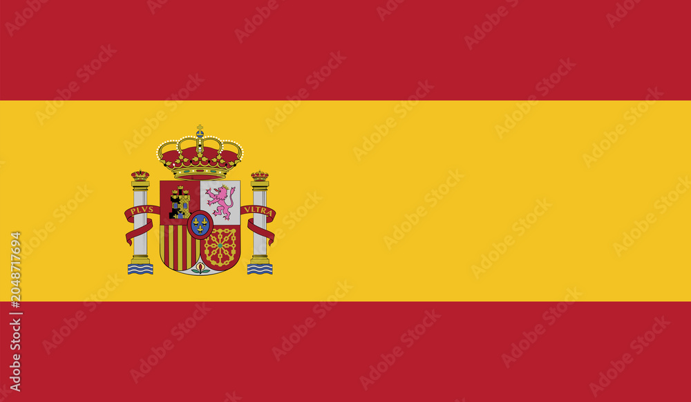 Obraz premium Spanish Flag with Coat of Arms: A vibrant depiction of the national flag of Spain, featuring its iconic red and yellow stripes and the royal coat of arms, symbolizing national pride and heritage.
