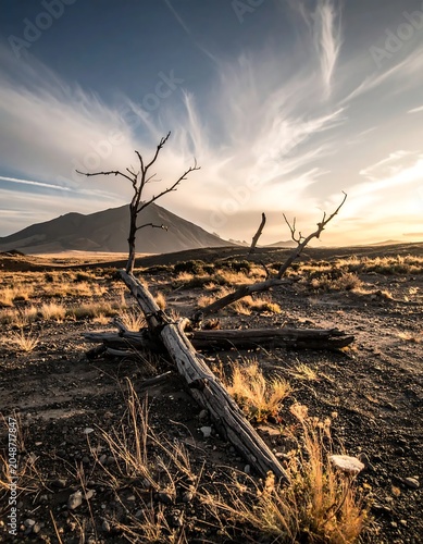 Solitary tree standing in barren dry field.