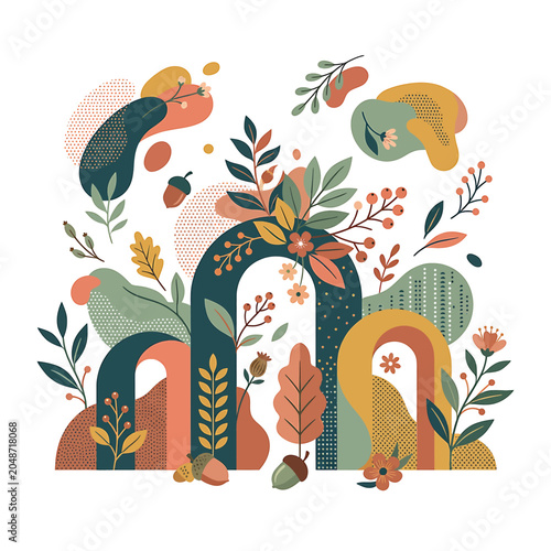 Bild auf Leinwand Vibrant illustration of archways and foliage.