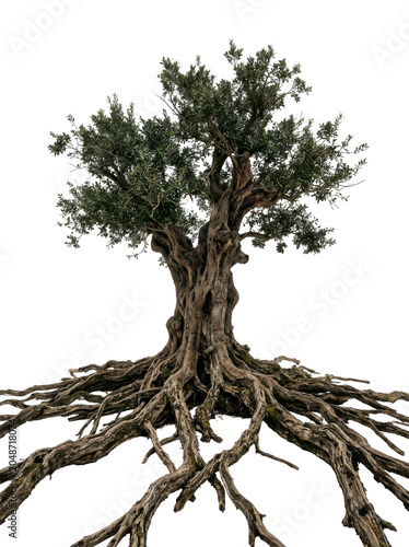 A large green summer tree with lush foliage and a strong wooden trunk isolated on a pure white background