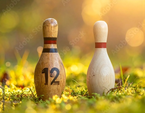 Two clear glass bottles with corks on grass.