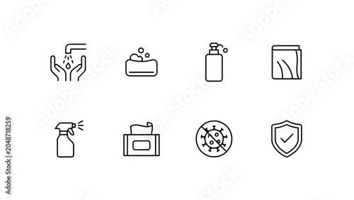 Set of eight clean flat icons representing hygiene, money, food, security, and technology concepts Vector