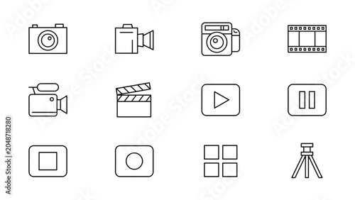 Set of sixteen clean and modern camera and film editing icons for media projects Vector