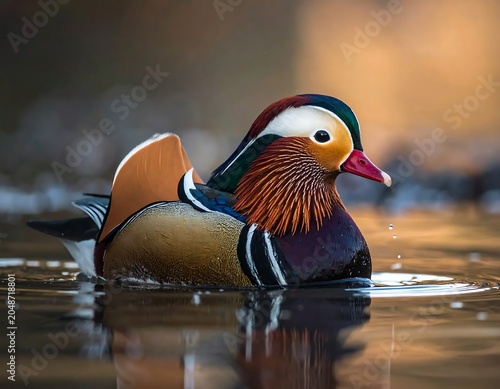 Two colorful ducks swimming in pond at sunset.