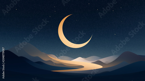 Golden Crescent Moon Over Desert Dunes at Night