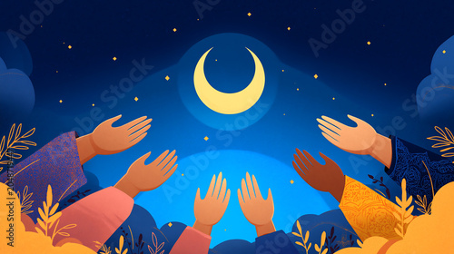 Many Hands Reaching Toward the Crescent Moon