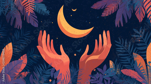 Hands Raised Toward the Moon Through Tropical Leaves