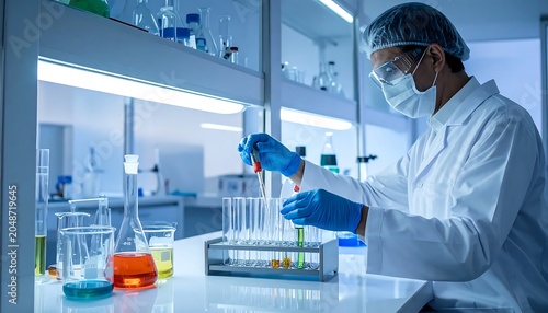 Scientist in modern laboratory conducting research.
