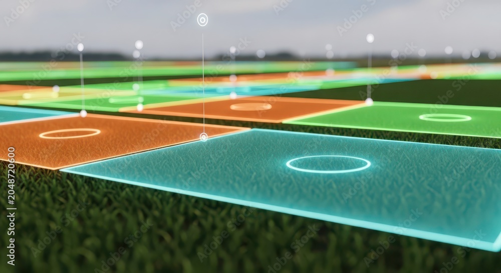Fototapeta premium Advanced agricultural field mapped with drone technology and data visualization for modern farming.