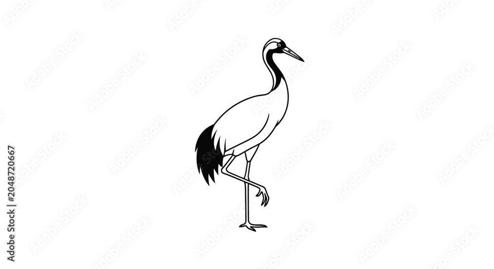 Fototapeta premium Graceful crane bird standing on one leg line art silhouette