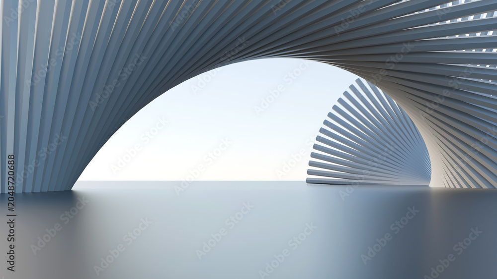 Obraz premium Abstract white geometric spiral pavilion structure against bright sky. Modern minimalist 3D rendering background for technology, business, and exhibition design