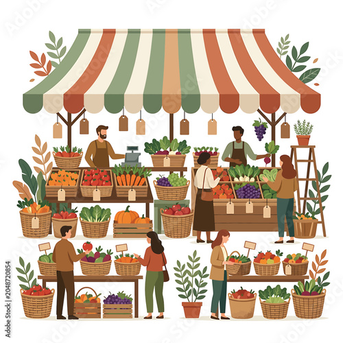 Vibrant outdoor farmer market scene.
