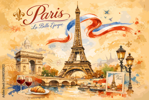Εκτύπωση καμβά A watercolor painting of Paris landmarks including the Eiffel Tower and Arc de Triomphe, with a French flag ribbon and a table setting with wine and a croissant