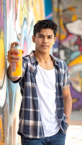 Young man wearing plaid shirt outdoors smiling.