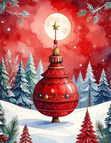 Christmas scene with glowing lantern and snowy village.
