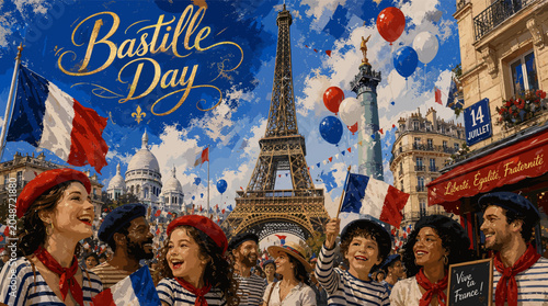 Fotografie A vibrant illustration of Bastille Day celebrations in Paris, featuring the Eiffel Tower, French flags, balloons, and joyful crowds