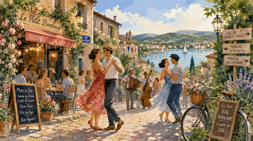 Bild auf Leinwand A vibrant European village scene unfolds with couples dancing in the street, a bistro bustling with patrons, and a picturesque lake in the background
