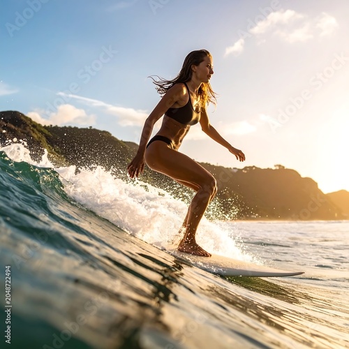 Woman surfing on ocean wave during golden hour.