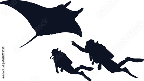 Bilde på lerret Scuba divers swimming with manta ray underwater marine adventure silhouette illu