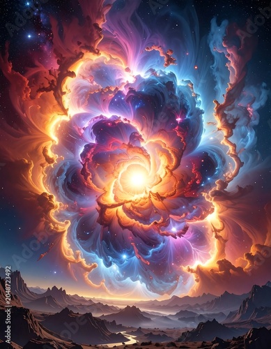 Vibrant cosmic explosion nebula in deep space.