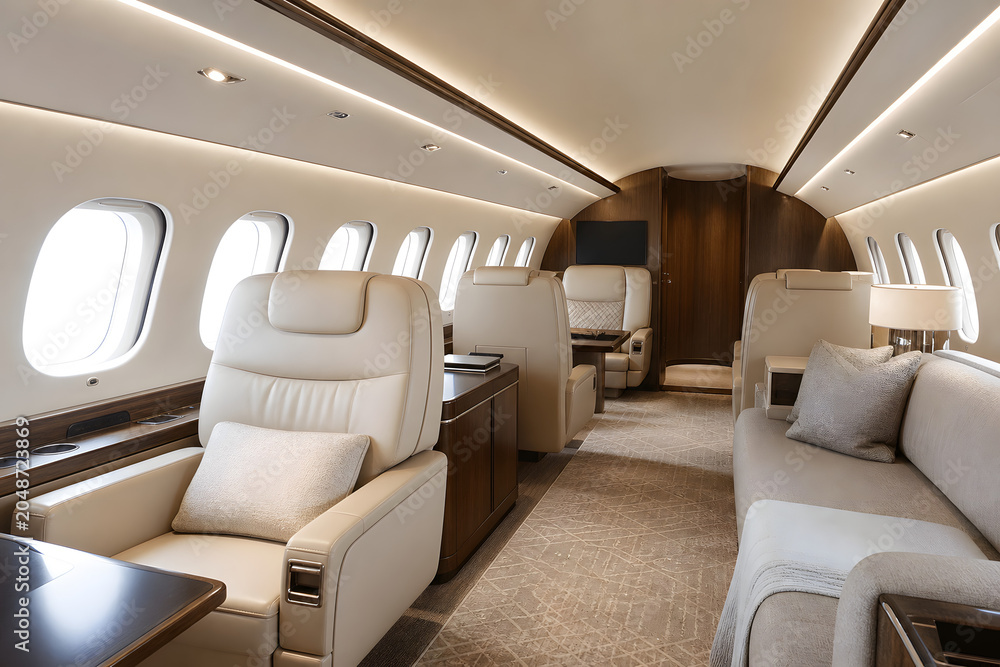 Obraz premium Luxurious private jet cabin with cream leather seating