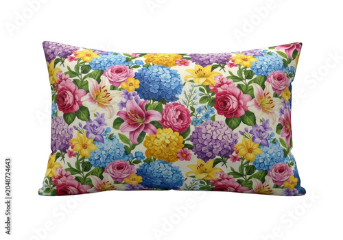 Rectangular pillow with vibrant floral pattern in natural light