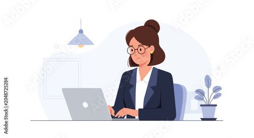 An office worker with glasses and a professional blue suit works diligently on her laptop at a minimalist desk with a plant nearby.