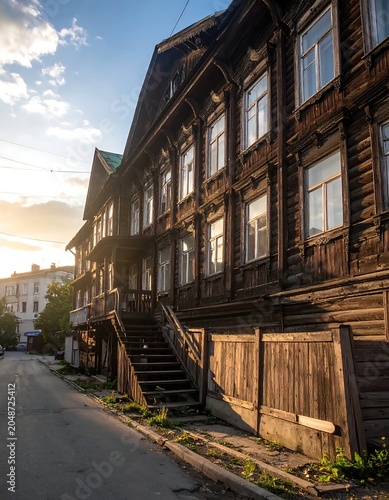 Historic wooden building with ornate balcony in evening light.