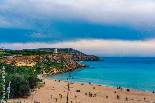 Konstfotografi Landscape of the golden bay, malta with chalky cliffs, clear blue Mediterranean