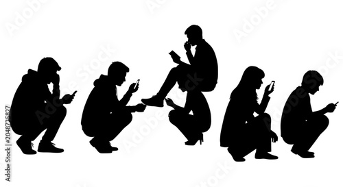 Fényképezés Silhouette group of people using smartphones, isolated on white background