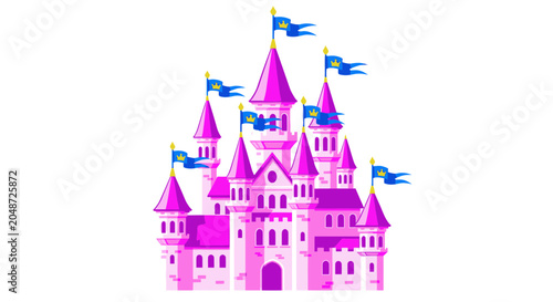 Whimsical Pink Castle with Blue Flags, Fairytale Illustration