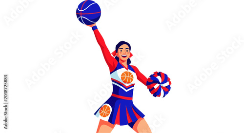 Cheerleader with Basketball and Pom-Pom, Dynamic Pose, Sports Spirit