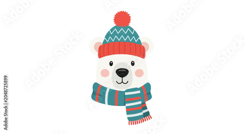 Cute Polar Bear Wearing Winter Hat and Scarf, Cartoon Style