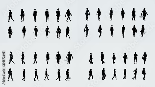 Human motion atlas for green screen compositing with chromakey background and 3d animated cartoon animation style. Multiple pedestrian silhouettes for editing scenes and visual transitions.