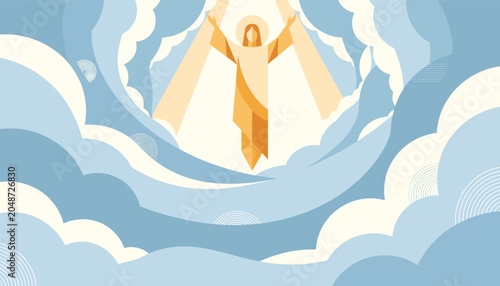 Bilde på lerret A stylized depiction of Jesus Christ ascending into heaven, surrounded by radiant light and fluffy clouds
