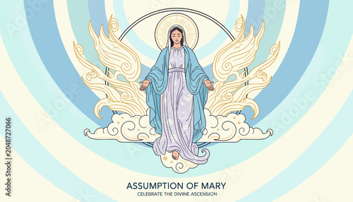 Εκτύπωση καμβά Illustration of the Assumption of Mary, depicting her ascension into heaven with angelic wings and a radiant halo, surrounded by clouds and a stylized celestial background