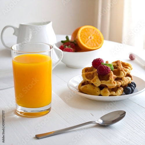 Fresh orange juice and berry granola parfait breakfast.