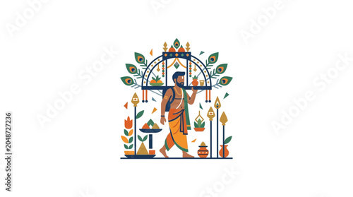 Indian man carrying offerings under decorative arch with peacock feathers