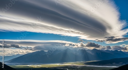 Dramatic lenticular cloud formation hovering over majestic mountain ranges during a bright sunny afternoon with ethereal light rays