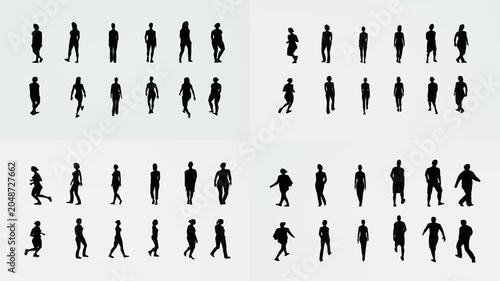 Pedestrian silhouette atlas for green screen compositing with chromakey background and 3d animated cartoon animation style. Human walking motions for editing scenes and visual transitions.