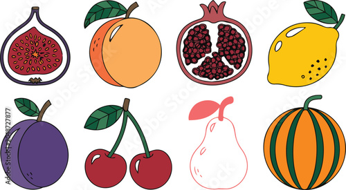 colorful fruit illustrations including figs pears and citrus fruits