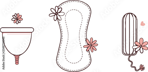 feminine hygiene products with flowers on white background