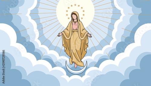 Schilderij op canvas Illustration of the Virgin Mary ascending into heaven surrounded by clouds and a halo of stars