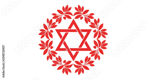Red Star of David Jewish Symbol with Floral Wreath on White Background