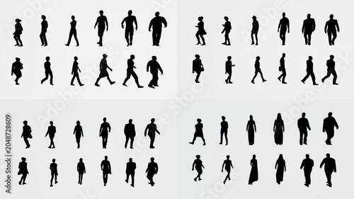 Walking crowd atlas for green screen compositing with chromakey background and 3d animated cartoon animation style. Human silhouette collection for editing scenes and visual transitions.