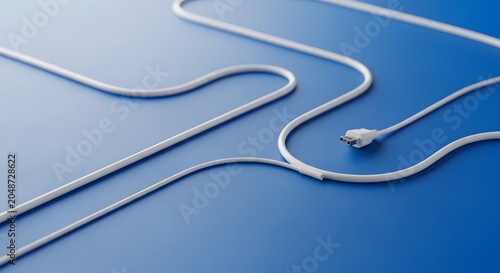 Minimalist White Charging Cable Coiled on a Solid Blue Surface for Tech Infrastructure and Connectivity Concepts