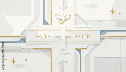 Foto Elegant white cross with Faith, Hope, and Love inscribed, featuring a dove and subtle fish symbols, set against a modern, abstract background with golden accents